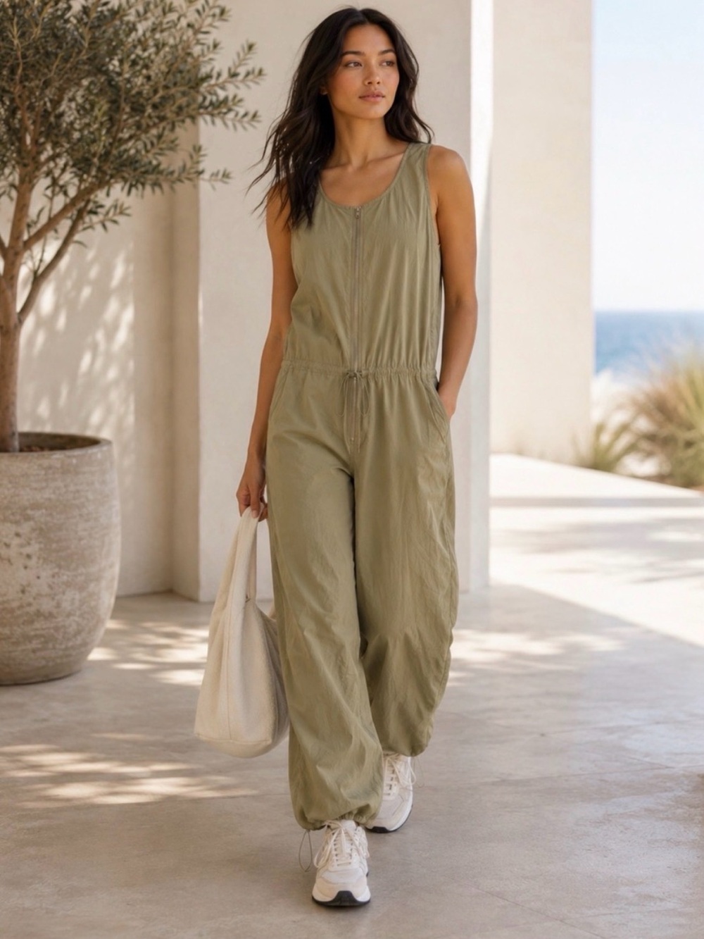 Athleta Olive Green Sleeveless Zip-Front Utility Jumpsuit